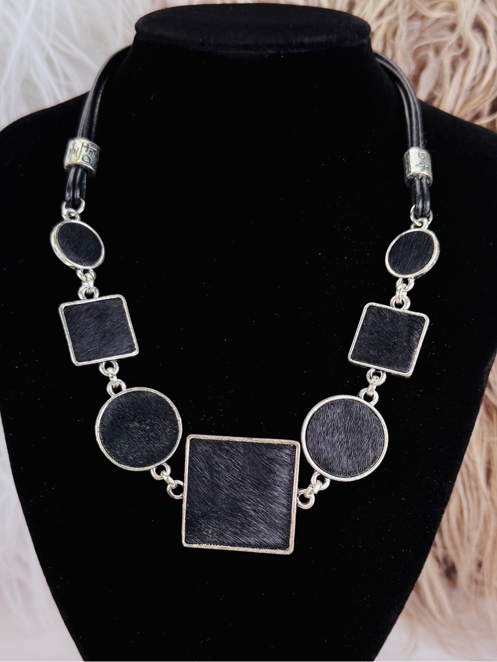 Black Textured Silver Tone Geometric Square Round Link Statement Necklace